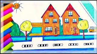 تعلم رسم للأطفال||رسم مدينة صغيرة-تعلم رسم منازل حديثة-مع التلوين-خطوة بخطوة للمبتدئين\\fun drawing