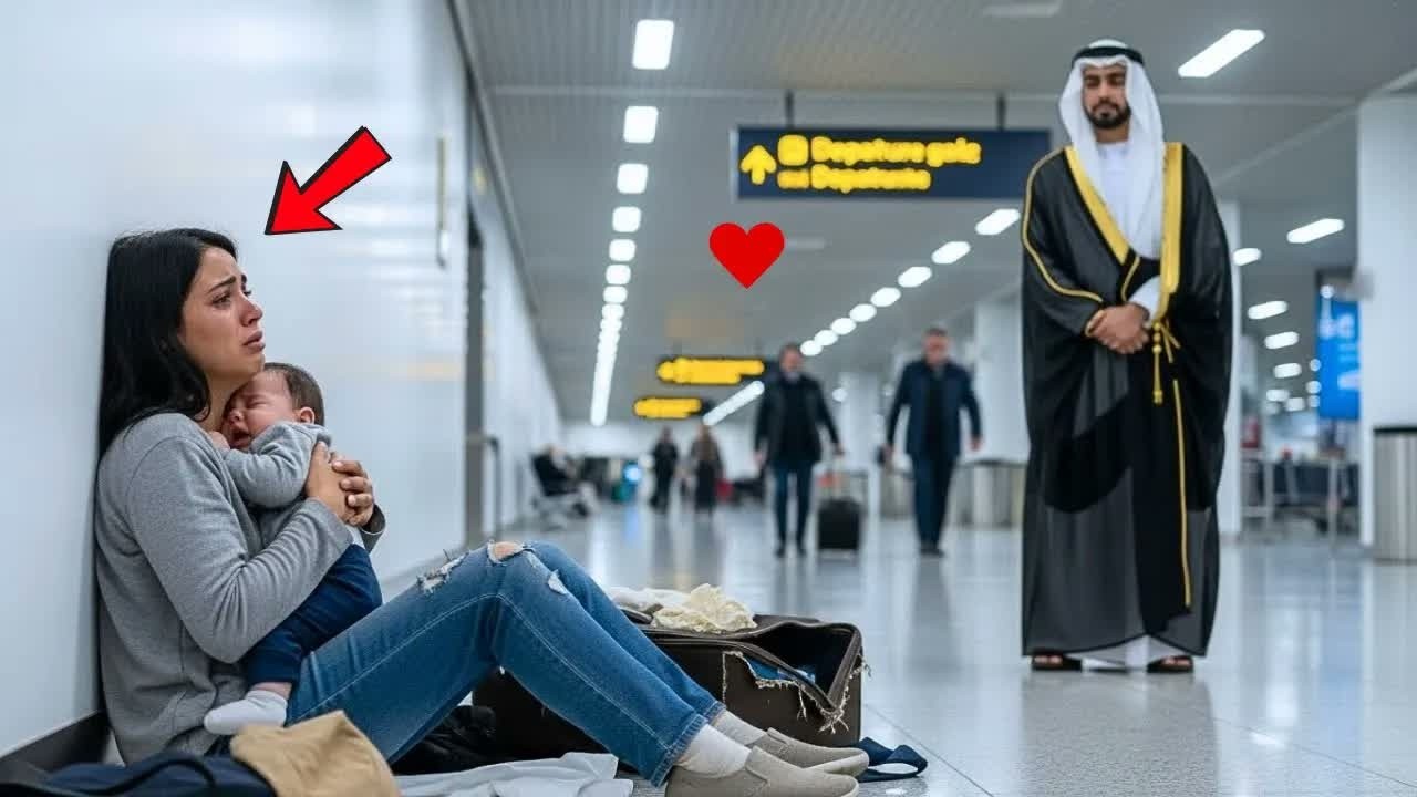 تُركت في المطار مع طفلها، تبكي وحدها — حتى جلس الملياردير العربي بجانبها وهو لا يعرف ما سيحدث غداً