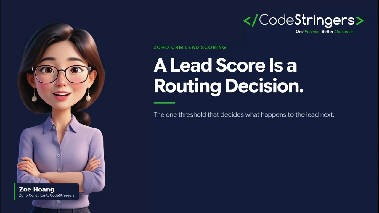 Title card: A Lead Score Is a Routing Decision, with presenter Zoe Hoang
