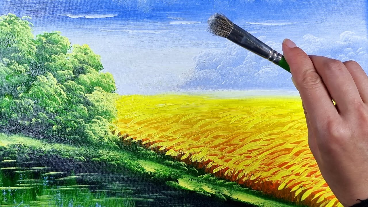 Hướng dẫn vẽ cánh đồng lúa chín / ai cũng vẽ được / Sơn màu Acrylic ...