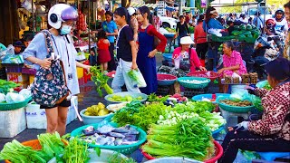 Walking Tour Local Market Fresh Vegetable, Fruits, Pork, Feed, Fish & More - Cambodian Street Food