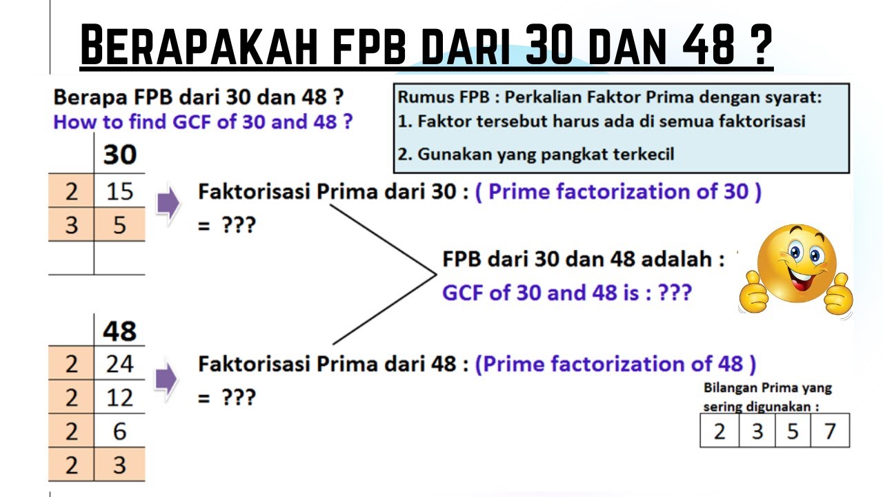 Menentukan fpb dari 30 dan 48 dengan pakai pohon faktor bentuk tabel