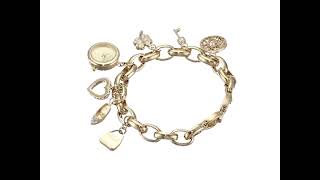 Anne Klein Women's Premium Crystal Accented Gold-Tone Charm Bracelet Watch, 10/7604CHRM