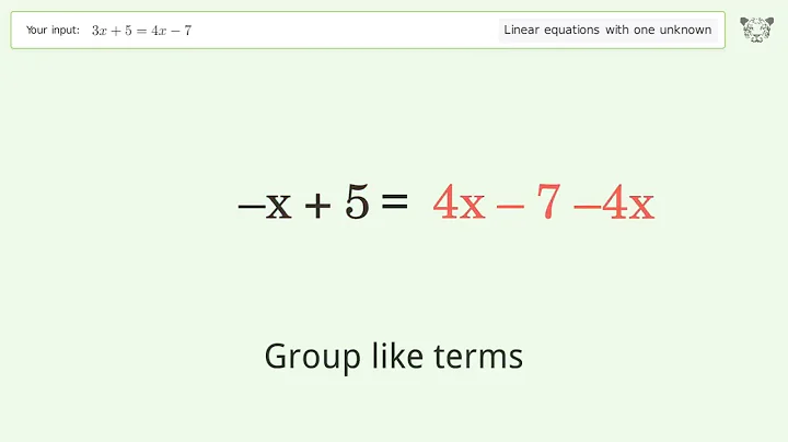 Linear equation with one unknown: Solve 3x+5=4x-7 step-by-step solution