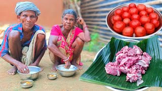 Indian poor grandma cooking MUTTON CURRY with RED TOMATO and eating with hot rice || village life