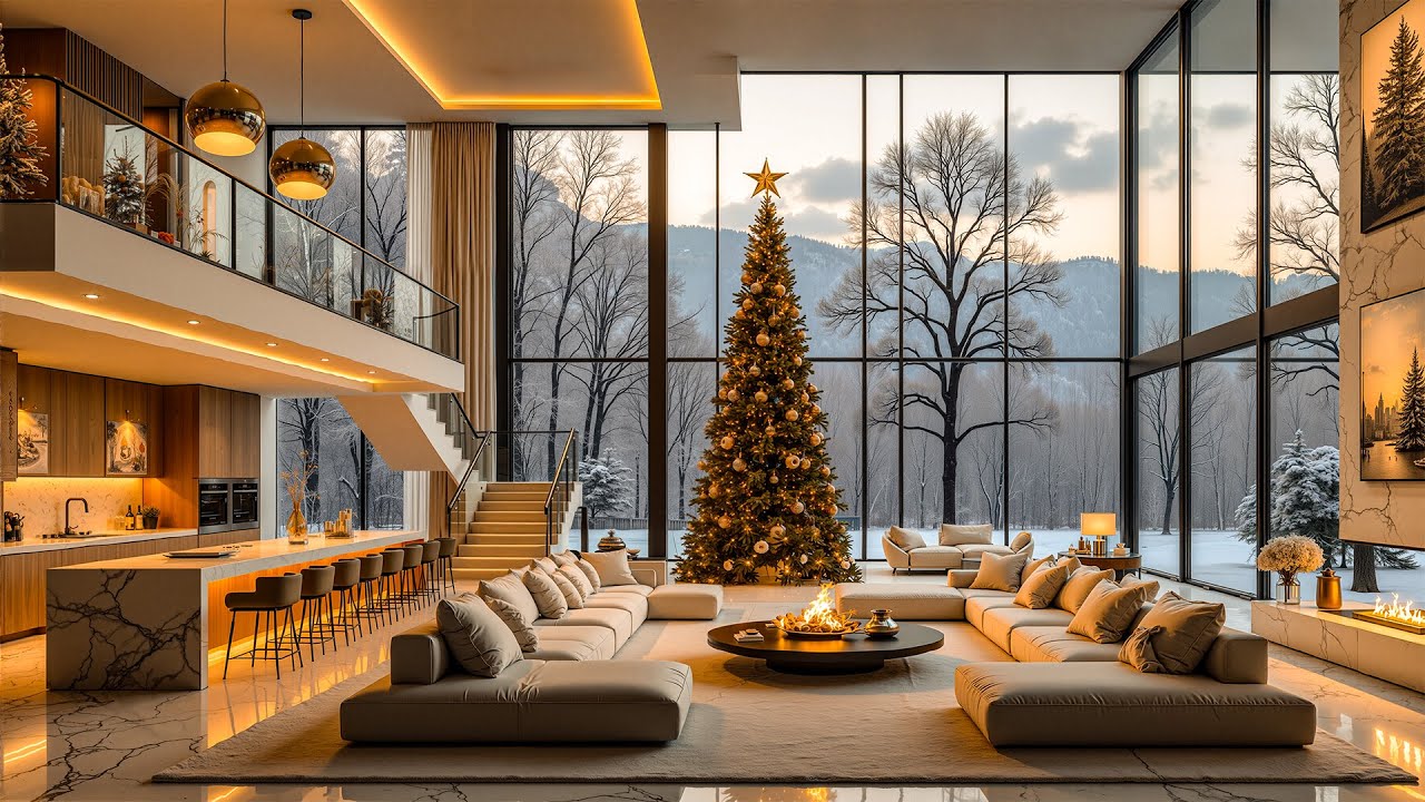 Gentle Jazz In A Mountain Living Room During Winter - Soothing Jazz With The Falling Snow To Relax