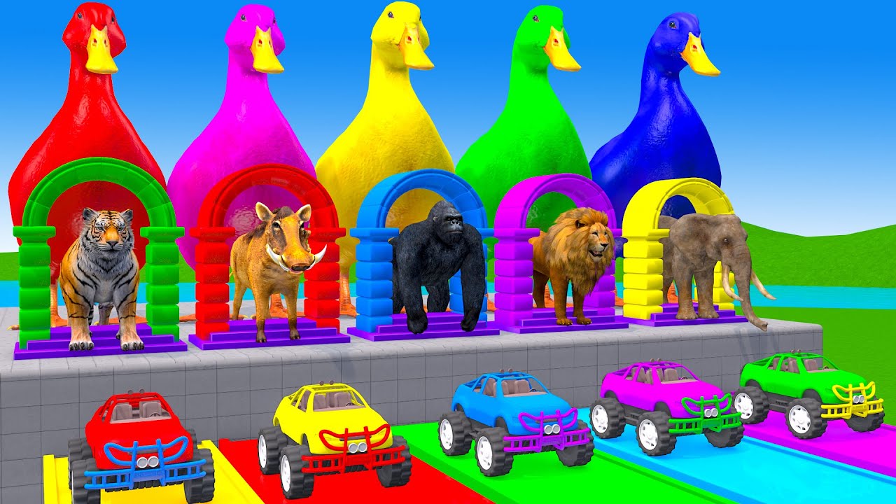 Long Slide Game With Cow Elephant Gorilla Hippopotamus Tiger - 3d Animal Game - Funny 3d Animals