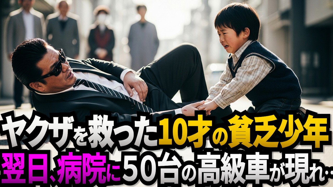 倒れたヤクザに手を差し伸べた貧乏な10歳の少年。次の日、少年の母が入院する病院に黒塗りの高級車が５０台現れる...【感動する話】