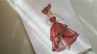 How to draw fashion /تعلم رسم فستان باللون الاحمر 