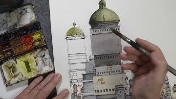 How to draw with ink and watercolor a cityscape