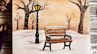 رسم منظر طبيعي بالألوان | رسم منظر ثلج | رسم منظر طبيعي بالألوان الخشبية | Drawing snowfall scenery