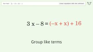 Solve 2x-8=16-x: Linear Equation Video Solution | Tiger Algebra