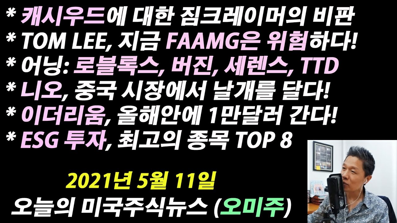 (오미주 2021.05.11) 짐크레이머, 캐시우드 투자방식 잘못됬다 + 테크주 최악의 전망 + 이더리움 올해 1만달러 간다 + 니오,  중국에서 날개를 달다 + ESG 관련주식