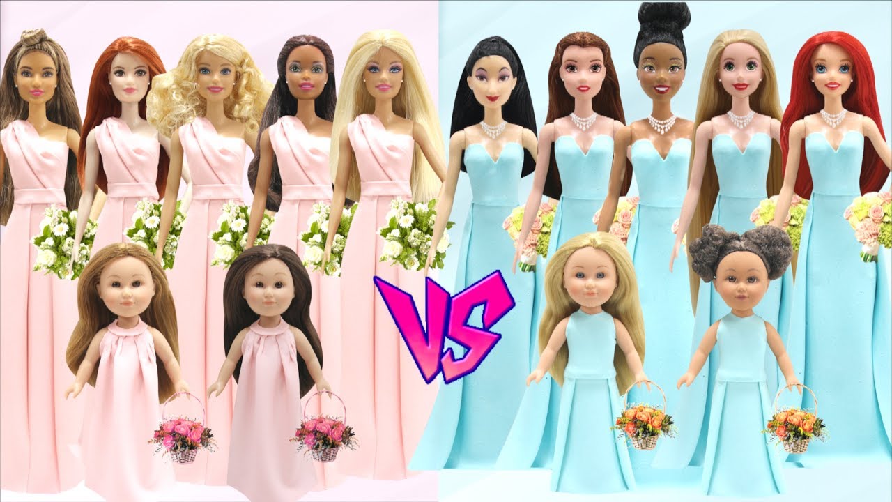 Play Doh Disney Princesses VS Barbie Dolls in Birdesmaids Dresses games people play