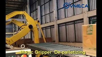 De-palletizing roboti for different sizes and weights of carton boxes with VMECA Magic Grippers.