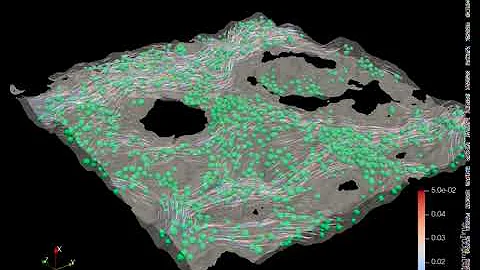 Particle simulation in a seam geometry. done with LBM+DEM