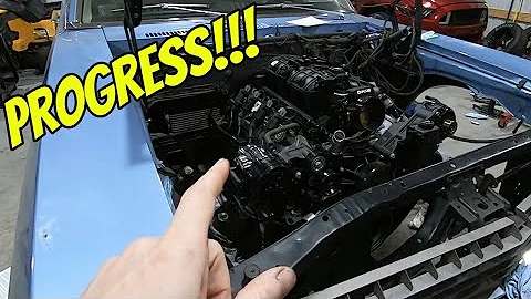 Engine and transmission are in! 1973 Nova LS swap 5.3L LM7 and TH350 transmission install!