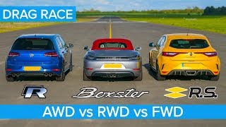 AWD v RWD v FWD DRAG RACE: Golf R v Boxster vs Megane Trophy