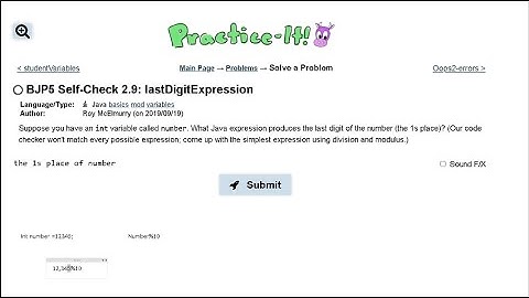 Java Practice-it | Primitive Data and Definite Loops | Self-Check 2.9: lastDigitExpression