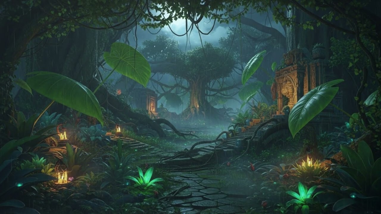 Magical Jungle Rain 🌧️ Fantasy Night Atmosphere