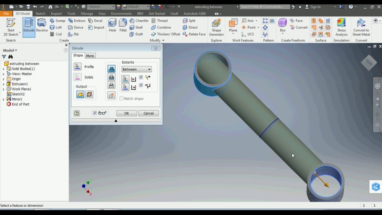 AutoDesk Inventor Extrude Between Two Surface YouTube