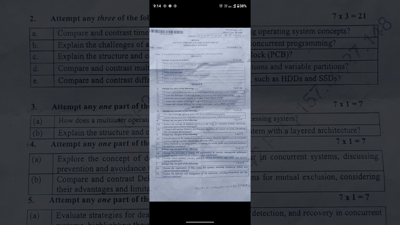 Operating system questions paper 2024 aktu