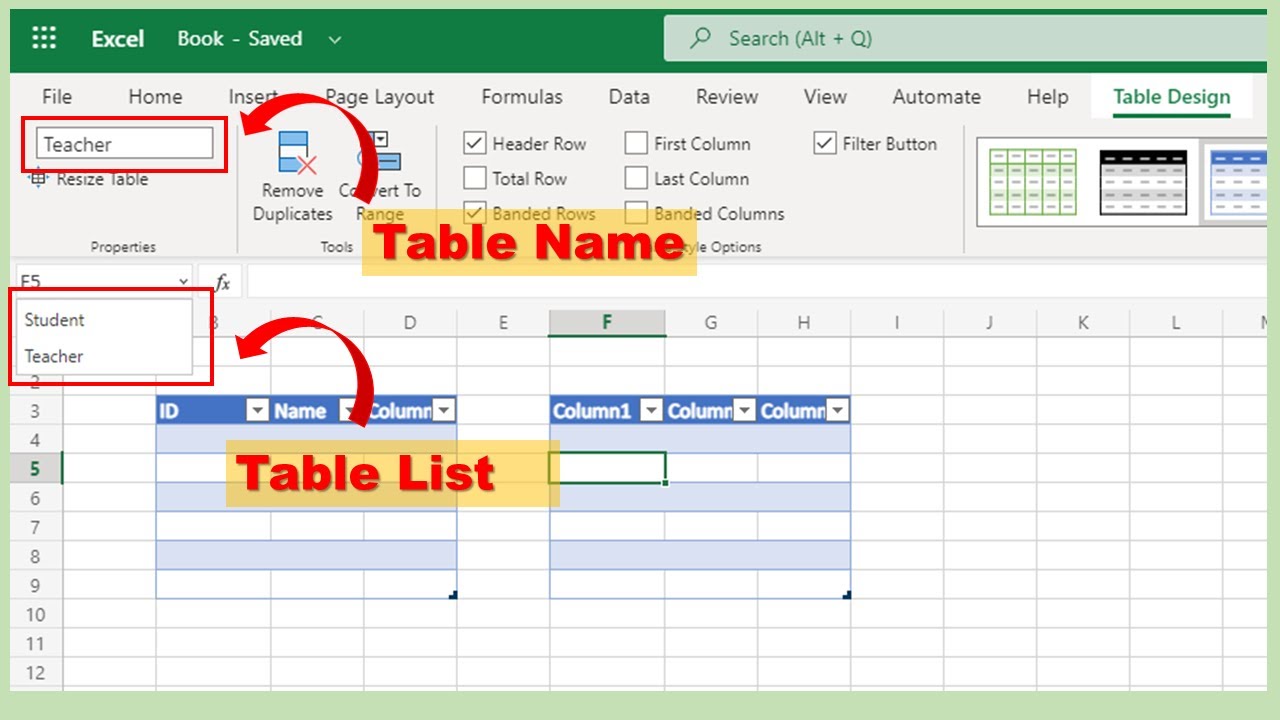 Ms 365 How To Insert A Table Name The Table In Excel And Find The List Of The Table Within Excel Youtube