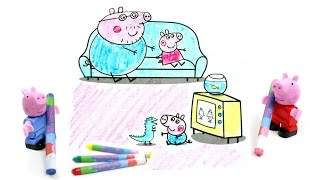 Развивающий мультфильм-раскраска. Папа Свин, Пеппа и Джордж смотрят телевизор.