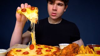 ASMR MUKBANG EXTRA CHEESY PIZZA HOT CHICKEN & FRIES | WITH RANCH + CHEESE SAUCE