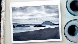 Watercolor MONOCHROME painting - seascape step by step tutorial - EASY