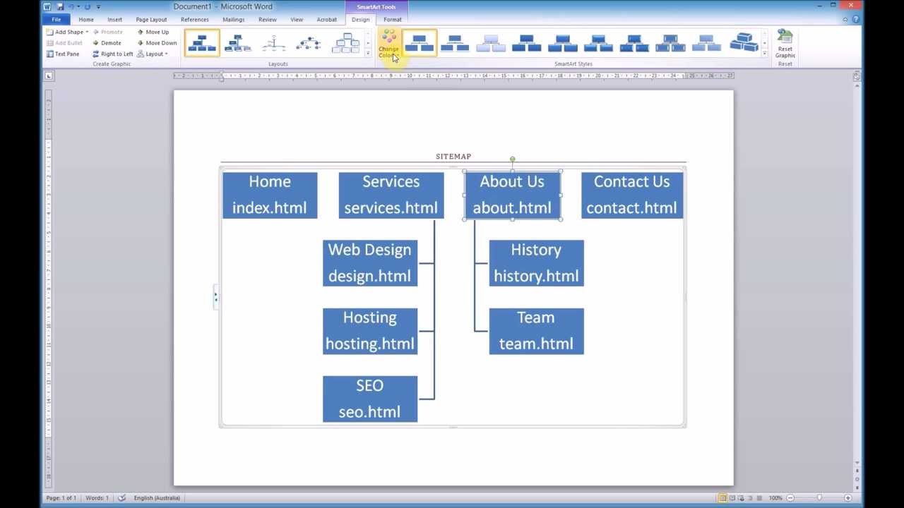 Creating a sitemap using Microsoft Word SmartArt