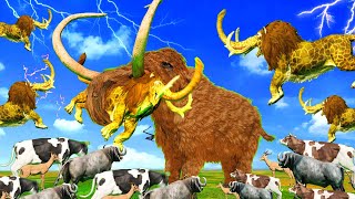 Monster Mammoth Lion Vs Zombie Mammoth Lion Attack Cartoon Cow \& Bull Saved By Mammoth Animal War