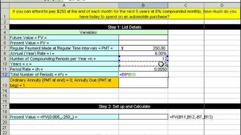 Excel Busn Math 61 Present Value Annuities PV & PMT function