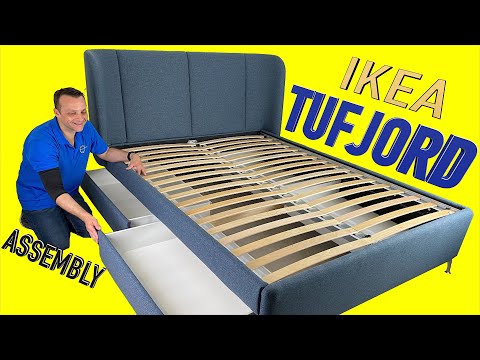 Ikea TUFJORD Upholstered storage bed Assembly instructions. How to assemble Ikea TUFJORD upholstered bed with 4 storage drawers. This upholstered bed from Ikea has a nice modern curved headboard...