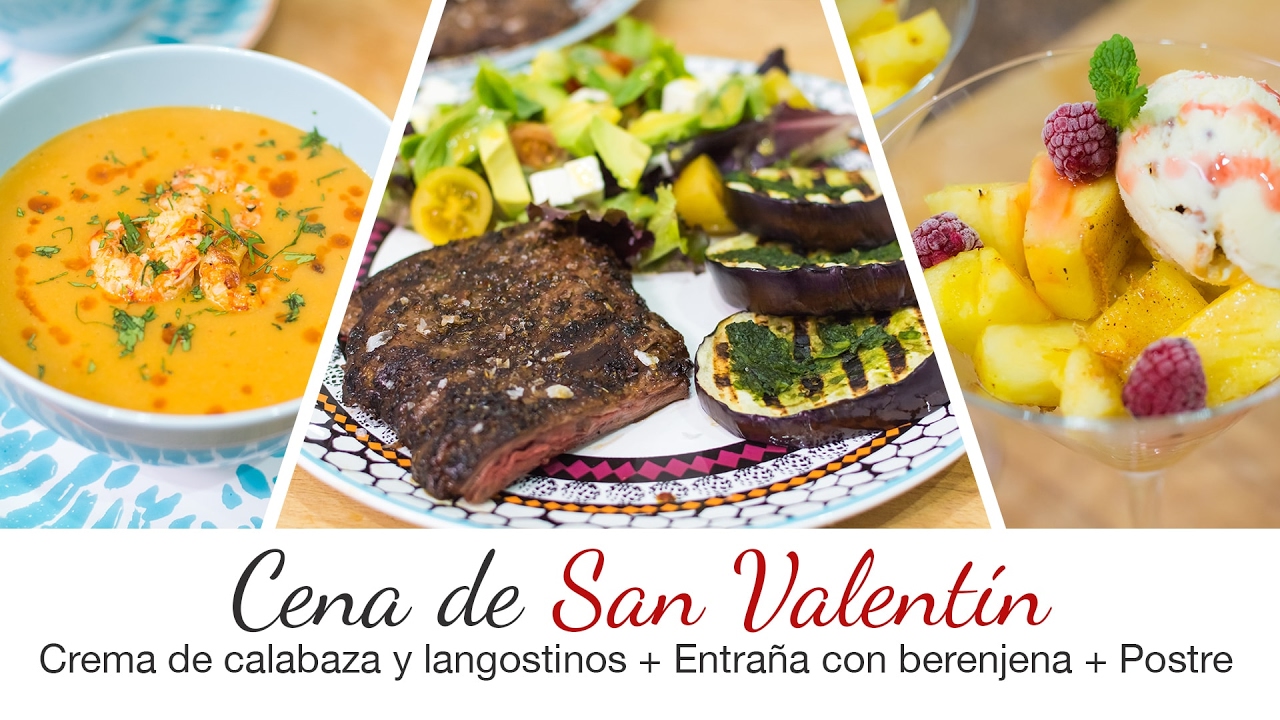 Cena de San Valentín | Crema de calabaza y langostinos + Entraña con berenjena + Postre