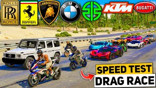 GTA 5: WORLD FAMOUS SPORTS CARS Vs SUPER FAST BIKE | FULL HIGHWAY DRAG RACE + SPEED TEST | GTA 5 MOD