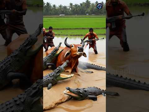 Cow falls into huge crocodiles lake saved by rescue team #humanity #cow #animals #rescueanimals
