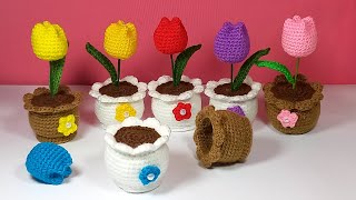 Mini tulipán 🌷 con maceta tejidos a crochet 🌷 🌹 💥video completo paso a paso 🌹 #tejidosacrochet