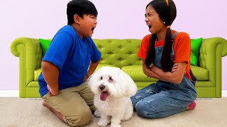 wendy and alex wants to play with pet dog kids take care of dog