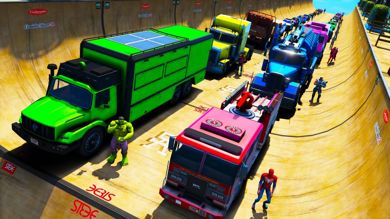 Homem-Aranha e Fire Truck Desafio Skateboard Ramp com Heróis! Сhallenge on Cars and Trucks GTA 5