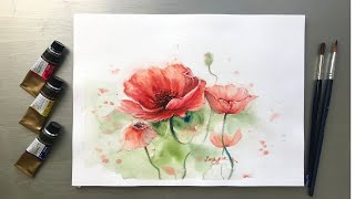 Dancing Poppies-Using Only 3 Primary Colors-Watercolor Painting Tutorial Step by Step.