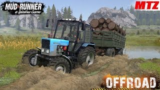 Spintires: MudRunner - MTZ 82 Forestry Tractor With A Trailer Goes Off-road