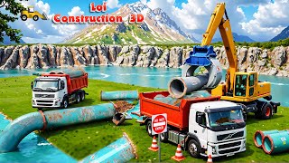 Construction Works Excavator Trucks Install Massive Water Pipeline From The Lake