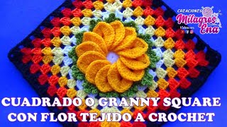 Cuadrado o Granny Square a crochet para colchas y cubrecamas con flor de 12 pétalos paso a paso