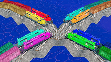 Double Train Vs Colorful Train vs Wavy Impossible Weird Rail Track Crossing Deepwater | BeamNG.drive