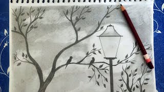 How to Draw Scenery of Birds in Moonlight by Pencil || Love birds scenery drawing