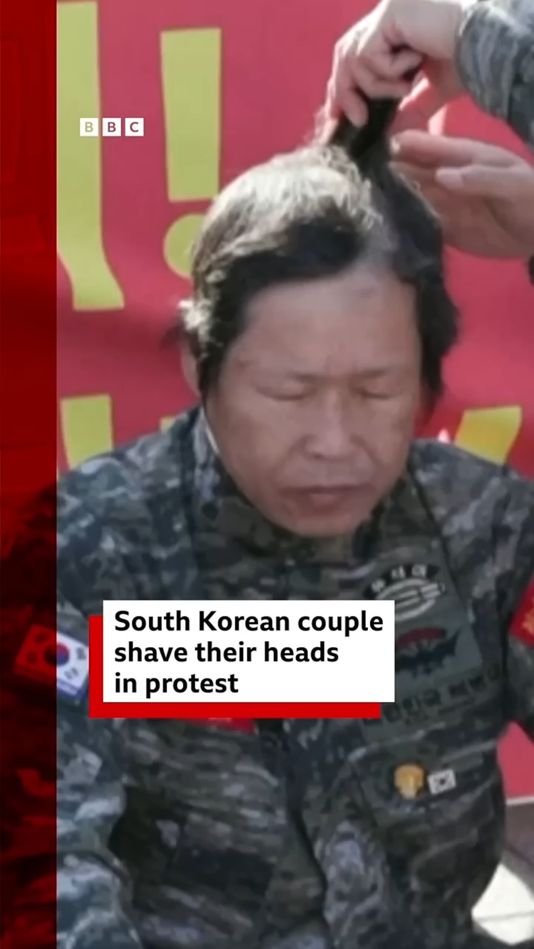 South Korean couple shave their heads in protest. #SouthKorea #BBCNews