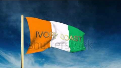 Ivory Coast flag slider style with title. Waving in the wind with cloud background animation Stock