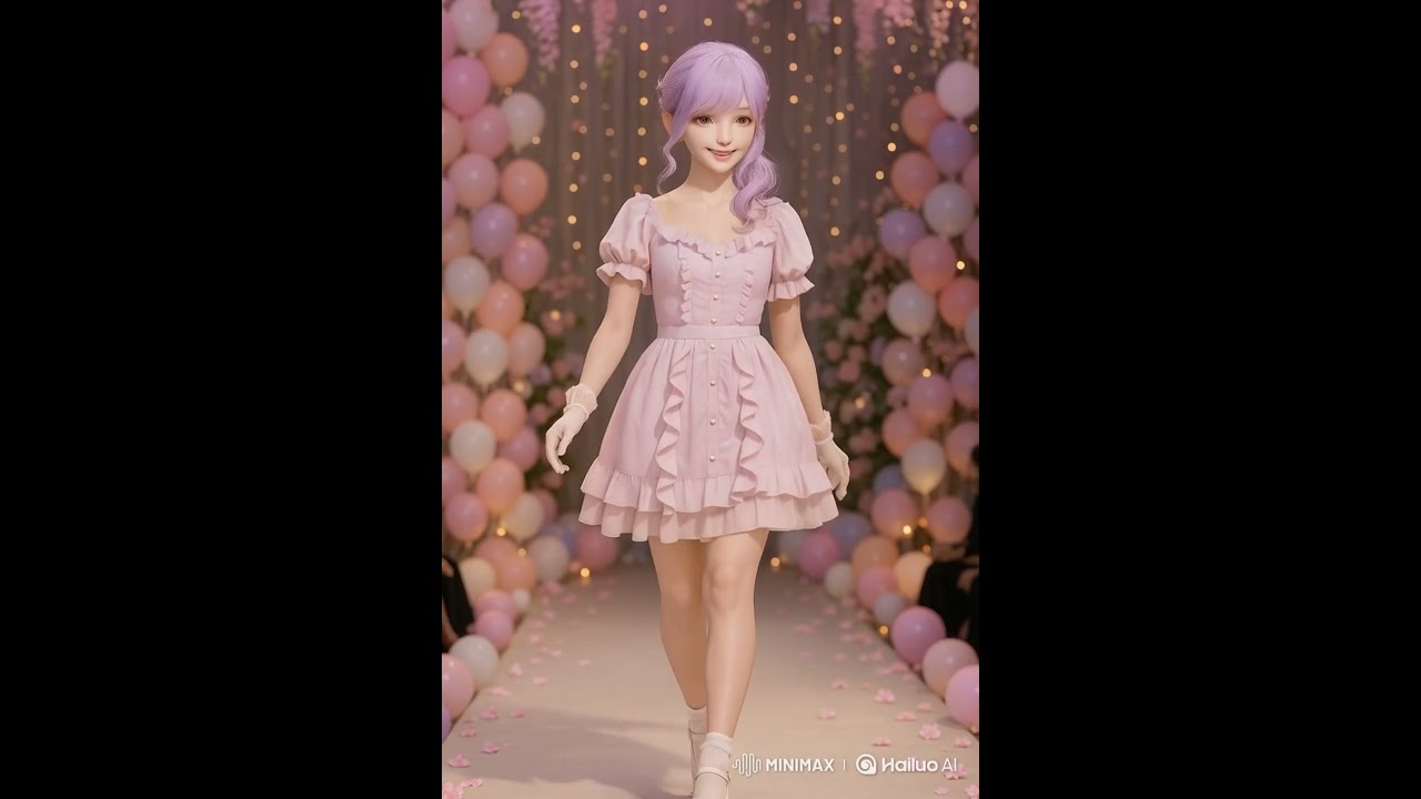 Anime Girl with Pastel Lavender Hair Walking on Dreamy Runway 