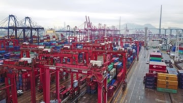 videoblocks hong kong february 20 aerial view of huge industrial port with containers and huge ship